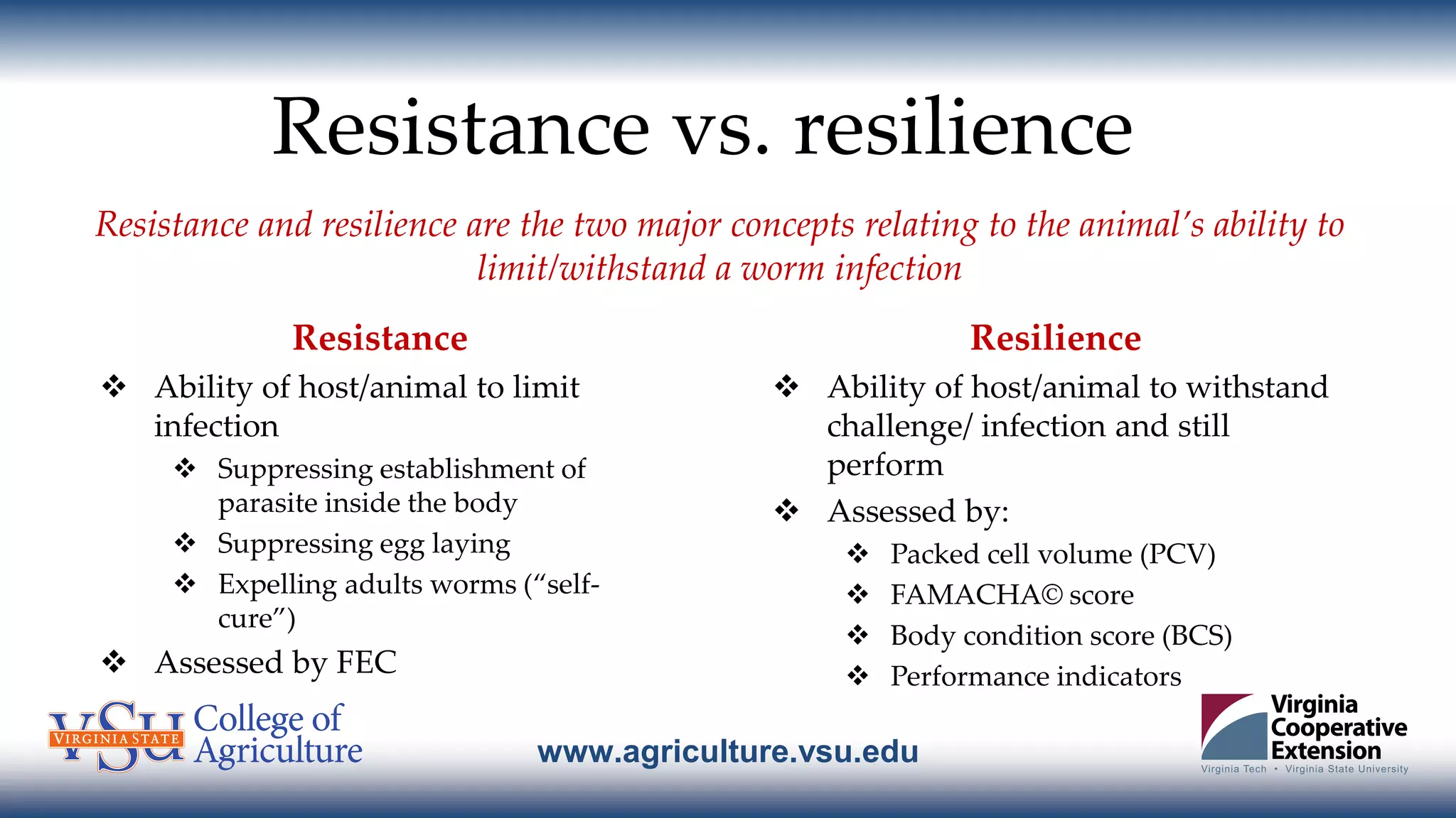 www.agriculture.vsu.edu
Resistance vs. resilience
Resistance
 Ability of host/animal to limit
infection
 Suppressing establishment of
parasite inside the body
 Suppressing egg laying
 Expelling adults worms (“self-
cure”)
 Assessed by FEC
Resilience
 Ability of host/animal to withstand
challenge/ infection and still
perform
 Assessed by:
 Packed cell volume (PCV)
 FAMACHA© score
 Body condition score (BCS)
 Performance indicators
Resistance and resilience are the two major concepts relating to the animal’s ability to
limit/withstand a worm infection
 
