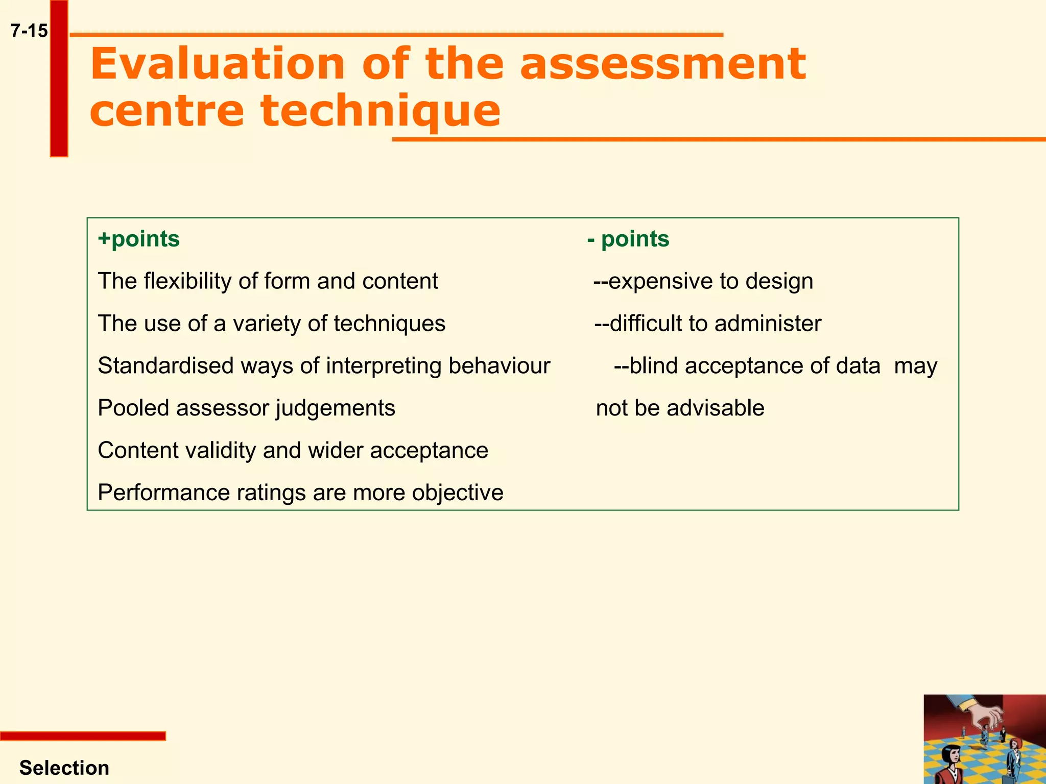 7-15 Selection Evaluation of the assessment centre technique   +points  - points The flexibility of form and content  --expensive to design  The use of a variety of techniques  --difficult to administer  Standardised ways of interpreting behaviour  --blind acceptance of data  may Pooled assessor judgements  not be advisable  Content validity and wider acceptance  Performance ratings are more objective  