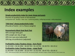 Index examples
Simple productivity index for meat sheep and goats
Pounds of (quality) lamb or kid weaned
[composite trait: fertility + litter size + mothering ability + offspring survival + milk production]

“Old-time” sheep productivity index
[Pounds of lamb + (2.5 x fleece weight)]

Pennsylvania Meat Goat Buck Test
40% average daily gain
20% weight per day of age
20% loin eye area (adjusted)
20% leg circumference (adjusted)

Profitability index (Targhee sheep - farm flock)
$1.00 WW + $0.36 MM - $0.40 YW + $1.14 FW - $0.30 FD + $0.19 LC
Profitability index (Targhee sheep - range flock)
$1.00 WW + $0.26 MM - $0.26 YW + $1.92 FW - $0.47 FD + $0.36 LC
EPD’s: WW=weaning weight, MM-maternal milk, YW=yearling weight, FW=fleece weight, FD=fiber diameter, and LC=lamb crop
 