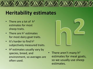 Heritability estimates
• There are a lot of h2
  estimates for most
  sheep traits.
• There are h2 estimates
  for most dairy goat traits.
• It’s harder to find h2
  subjectively measured traits.
• H2 estimates usually vary by
  species, breed, and           • There aren’t many h2
  environment, so averages are    estimates for meat goats,
  often used.                     so we usually use sheep
                                 estimates.
 