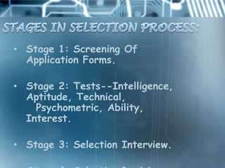 • Stage 1: Screening Of
  Application Forms.

• Stage 2: Tests--Intelligence,
  Aptitude, Technical,
    Psychometric, Ability,
  Interest.

• Stage 3: Selection Interview.
 