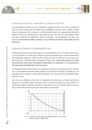 Módulo: Instalaciones Frigoríficas
TécnicoenMontajeyMantenimientodeInstalacionesdeFrío,ClimatizaciónyProduccióndeCalor
o Influencia del tipo de evaporador en el diferencial térmico
Los evaporadores dinámicos (con ventiladores) pueden absorber una misma cantidad de
calor en menos tiempo que los estáticos (sin ventiladores), por esa razón, cuando se desea
bajar la temperatura de la cámara en un determinado tiempo, los evaporadores dinámicos
pueden hacerlo más rápidamente sin necesidad de estar muy fríos; los evaporadores estáti-
cos, para compensar esa deficiencia, deben mantenerse a una temperatura más baja. Así,
pues, los evaporadores estáticos trabajan con un diferencial térmico más grande que los
dinámicos.
Diferencial térmico y humedad del aire
El diferencial térmico afecta directamente a la humedad del aire en el interior de la cáma-
ra; hay que tener en cuenta que un diferencial térmico grande indica una baja temperatura
del evaporador respecto a la del aire de la cámara, lo que se traducirá en una mayor con-
densación de la humedad sobre su superficie. Según esto, cuanto más grande sea el dife-
rencial térmico mayor será la humedad condensada en el evaporador y, en consecuencia,
más baja será la humedad del aire de la cámara.
La humedad relativa del aire tiene una importancia vital en la conservación de los alimen-
tos; si la humedad es elevada puede producirse la formación de hongos, mientras que una
humedad escasa produce la desecación del género y en consecuencia una pérdida impor-
tante de su peso.
Está claro que debemos seleccionar el evaporador de forma que su diferencial térmico
produzca la humedad relativa necesaria para la correcta conservación del producto. El
gráfico de la figura 4 permite relacionar el salto térmico con la humedad relativa que pro-
duce, siendo éste el primer paso para seleccionar el evaporador.
Fig. 4: Gráfico que relaciona la humedad relativa con el salto
térmico (Fuente: FRIMETAL).
20
 