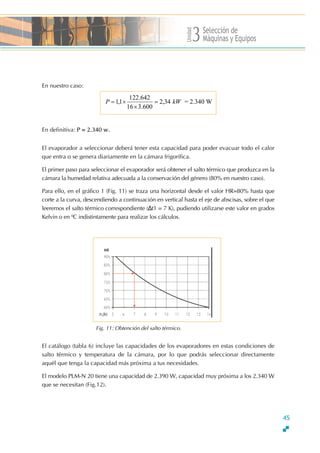 Unidad
Selección de
Máquinas y Equipos3
En nuestro caso:
kWP 34,2
600.316
642.122
1,1 =
×
×= = 2.340 W
En definitiva: P = 2.340 w.
El evaporador a seleccionar deberá tener esta capacidad para poder evacuar todo el calor
que entra o se genera diariamente en la cámara frigorífica.
El primer paso para seleccionar el evaporador será obtener el salto térmico que produzca en la
cámara la humedad relativa adecuada a la conservación del género (80% en nuestro caso).
Para ello, en el gráfico 1 (Fig. 11) se traza una horizontal desde el valor HR=80% hasta que
corte a la curva, descendiendo a continuación en vertical hasta el eje de abscisas, sobre el que
leeremos el salto térmico correspondiente (∆t1 = 7 K), pudiendo utilizarse este valor en grados
Kelvin o en ≥C indistintamente para realizar los cálculos.
Fig. 11: Obtención del salto térmico.
45
cluye las capacidades de los evaporadores en e
2.390 W, capacidad muy próxima a los 2.340 W
El catálogo (tabla 6) in stas condiciones de
salto térmico y temperatura de la cámara, por lo que podrás seleccionar directamente
aquél que tenga la capacidad más próxima a tus necesidades.
El modelo PLM-N 20 tiene una capacidad de
que se necesitan (Fig.12).
 
