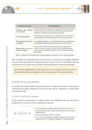 Módulo: Instalaciones Frigoríficas
TécnicoenMontajeyMantenimientodeInstalacionesdeFrío,ClimatizaciónyProduccióndeCalor
FUENTES DE CALOR CARACTERÍSTICAS
Personas que trabajan
en su interior
Las personas que trabajan en el interior de las cámaras frigo-
ríficas emiten calor, si bien esta emisión queda considera-
blemente reducida por las prendas de abrigo.
Por carga de género
Normalmente el género que se introduce en la cámara está a
una temperatura más elevada que la reinante en el interior.
Por respiración de frutas
y verduras
Los vegetales continúan su ciclo vital después de ser recolectados.
La respiración de éstos supone también una emisión de calor.
Renovación de aire en
frutas y verduras
Para evitar la formación de gases durante su periodo de
vida, es necesario renovar el aire interior periódicamente.
Esta renovación supone introducir aire caliente procedente
del exterior.
Para mantener una baja temperatura en la cámara es necesario que el equipo frigorífico
evacue el calor generado por cualquiera de estas causas. Conocer la cantidad de calor que
se introduce en la cámara será, por tanto, el primer paso para la selección del equipo.
Cálculo de la carga térmica
En cámaras de tamaño medio es frecuente calcular la carga térmica diaria y seleccionar a
continuación el equipo frigorífico en función de este cálculo. Detallamos a continuación
este procedimiento.
o Calor a través de las paredes
Como ya hemos mencionado en el capítulo anterior, la cantidad de calor que atraviesa las
paredes de una cámara se calcula mediante la expresión:
Se denomina carga térmica al calor total que entra o se genera en la cámara en un
tiempo determinado por cualquiera de las causas citadas en el apartado anterior.
)( iep TT
e
SQ −××=
λ
• S es la superficie de paredes, suelo y techo de la cámara en m2
.
• λ es el coeficiente de conductividad térmica del aislante en
W/mK (tabla 2).
• e es el espesor del aislante en metros.
• Te y Ti son las temperaturas exterior e interior de la cámara en
grados Kelvin (K) o en grados centígrados (≥C) indistintamente.
Tabla 1 (continuación): Fuentes de calor que podemos encontrar en una cámara frigorífica.
8
 