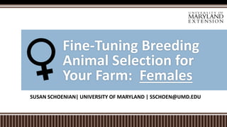 SUSAN SCHOENIAN| UNIVERSITY OF MARYLAND | SSCHOEN@UMD.EDU
Fine-Tuning Breeding
Animal Selection for
Your Farm: Females
 