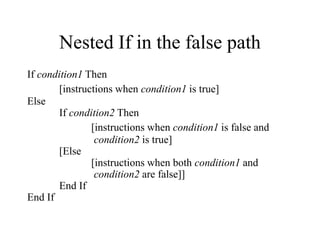 Nested If in the false path
If condition1 Then
[instructions when condition1 is true]
Else
If condition2 Then
[instructions when condition1 is false and
condition2 is true]
[Else
[instructions when both condition1 and
condition2 are false]]
End If
End If
 
