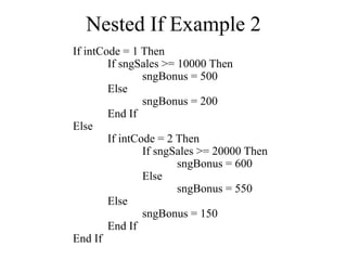 Nested If Example 2
If intCode = 1 Then
If sngSales >= 10000 Then
sngBonus = 500
Else
sngBonus = 200
End If
Else
If intCode = 2 Then
If sngSales >= 20000 Then
sngBonus = 600
Else
sngBonus = 550
Else
sngBonus = 150
End If
End If
 