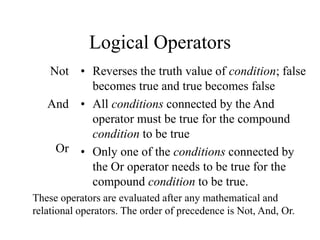 Logical Operators
Not
And
Or
• Reverses the truth value of condition; false
becomes true and true becomes false
• All conditions connected by the And
operator must be true for the compound
condition to be true
• Only one of the conditions connected by
the Or operator needs to be true for the
compound condition to be true.
These operators are evaluated after any mathematical and
relational operators. The order of precedence is Not, And, Or.
 