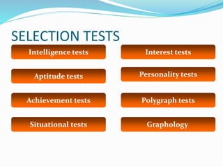 SELECTION TESTS
Intelligence tests
Achievement tests
Interest tests
Aptitude tests
Situational tests
Polygraph tests
Personality tests
Graphology
 