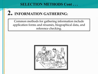 SELECTION METHODS Cont . . .
2. INFORMATION GATHERING:
Common methods for gathering information include
application forms and résumés, biographical data, and
reference checking.
 