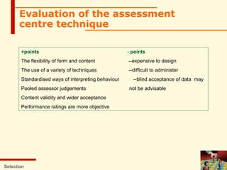 Selection
Evaluation of the assessment
centre technique
+points - points
The flexibility of form and content --expensive to design
The use of a variety of techniques --difficult to administer
Standardised ways of interpreting behaviour --blind acceptance of data may
Pooled assessor judgements not be advisable
Content validity and wider acceptance
Performance ratings are more objective
 