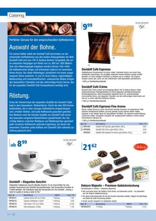 Catering


                                                                                            999
Perfekter Genuss für den anspruchsvollen Kaffeekenner.

Auswahl der Bohne.
Für seinen Kaffee wählt der Davidoff Café Sommelier nur die
erlesensten Kaffeebohnen aus den besten Anbaugebieten der Welt.                                                                      2
Davidoff Café wird aus 100 % Arabica-Bohnen hergestellt, die nur
an exklusiven Berglagen auf Höhen von ca. 900 bis 1800 Metern
                                                                                                  1
über dem Meeresspiegel angebaut werden können. Hier reifen
die Kaffeekirschen länger und entwickeln dadurch ein besonders                          Davidoff Café Espresso
feines Aroma. Nur diese Höhenlagen, kombiniert mit einem ausge-                         Südländisches Temperament mit einem vollen, intensiven Aroma und einem lang
                                                                                        anhaltenden Geschmack. Die sorgfältig verlesenen Arabica-Bohnen werden dunkel
wogenen Klima zwischen 15 und 25 Grad Celsius, regelmäßigem                             geröstet, um ihren kräftigen Charakter zu betonen und zu erhalten. Die Original-
Niederschlag und mineralstoffreichen, vulkanischen Böden bringen                        rezeptur wurde über Jahre von den erfahrensten Café-Spezialisten perfektioniert.
den besonderen Charakter und das vollmundige Aroma hervor, das                          •   500 g in Ventilschlauchbeutel
für die exquisiten Davidoff Café Kompositionen benötigt wird.
                                                                                        Davidoff Café Crème
                                                                                        Davidoff Café Crème vereint auf einzigartige Weise 100 % Arabica Bohnen milder
                                                                                        südamerikanischer Plantagenkaffees mit feinst-eleganten zentralamerikanischen

Röstung.                                                                                Hochlandgewächsen. Diese Komposition begeistert durch ihr unverwechselbar
                                                                                        harmonisches Aroma, den eleganten Charakter und den vollmundigen Geschmack und
                                                                                        wird so zu einem wahrhaft köstlichen Genuss.
                                                                                        •   500 g in Ventilschlauchbeutel
Eines der Geheimnisse der exquisiten Qualität der Davidoff Cafés
liegt in dem besonderen Röstverfahren. Damit die über 800 Aroma-                        Davidoff Café Espresso Fine Aroma
bestandteile, die in einer einzigen Kaffeebohne eingeschlossen                          Feines, mildes Aroma für einen harmonisch-leichten Espresso mit angenehmer Fülle.
sind, erhalten bleiben, wird jede Kaffeesorte gesondert geröstet.                       Erlesene brasilianische Kaffees und eine samtige Crema machen diesen milden
                                                                                        Espresso zu der idealen Basis für Spezialitäten mit Milch. Die intensive dunkle Röstung
Des Weiteren wird die höchste Qualität von Davidoff Café durch                          rundet den milden, komplexen Charakter der brasilianischen Kaffees zu einem betont
das besonders langsame Röstverfahren gewährleistet. Nur die                             harmonischen Espresso ab.
richtige Balance zwischen Röstdauer und Rösttemperatur garantiert                       •   500 g in Ventilschlauchbeutel
jeder einzelnen Kaffeesorte optimale Ergebnisse, bei denen der                         Best.-Nr.            Beschreibung                                              Preis 1 PG
besondere Charakter jedes Kaffees von Davidoff Café vollendet zur                      1 1BP81005           Davidoff Café Espresso, ganze Bohne, 500 g                      9,99
                                                                                       2 1BP80006           Davidoff Café Crème, ganze Bohne, 500 g                         9,99
Geltung gebracht wird..
                                                                                          1BP90564          Davidoff Café Espresso Fine Aroma, ganze Bohne, 500 g           9,99




  ab        899                                                                             2162


Davidoff – Elegantes Geschirr
Vollendeter Cafégenuss braucht stilvolles Geschirr. Es ist unverzichtbar für eine
perfekte Inszenierung des Davidoff Genusserlebnisses. Das formschöne Porzellan ist
                                                                                       Delacre Majestic – Premium-Gebäckmischung
                                                                                       Sinnesfreuden in Portion – erlesenes Backwerk.
in Weiß gehalten. Die Untertasse trägt das Genusszitat von Zino Davidoff: „Having a
taste for quality is having a taste for life.“                                         • Hier schmeckt schon der Anblick: Extra lecker und besonders schön – so präsentiert
                                                                                         sich die Delacre Gebäckmischung
Best.-Nr.         Beschreibung                             MM/VE          Preis 1 PG   • Die kleine Aufmerksamkeit ist bei den Kunden besonders beliebt, steigert die Nachfrage
1BP408751         Espresso Tassen (60 ml), 6 Stück      1 Packung             17,99      und bleibt als süße Erinnerung präsent
1BP408752         Espresso-Untertassen, 6 Stück         1 Packung               8,99   • Immer einzeln verpackt in 8 attraktiven Sorten.
1BP408753         Café-Tassen (150 ml), 6 Stück         1 Packung             23,99    Best.-Nr.            Beschreibung                                 MM/VE         Preis 1 PG
1BP408754         Café-Untertassen, 6 Stück             1 Packung             11,99    1BP40055810          110 Stück                                 1 Packung            21,62


   12
 