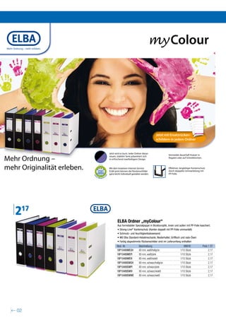 Mehr Ordnung – mehr erleben.
                                                                                                                    my Colour




                                                                                                                           Jetzt mit Ersatzrücken-
                                                                                                                           schildern in jedem Ordner


                                                                             Jetzt wird es bunt: Jeder Ordner dieser
                                                                                                                                     Vermeidet dauerhaft Kratzer in

Mehr Ordnung –
                                                                             neuen, stabilen Serie präsentiert sich
                                                                                                                                     Regalen oder auf Schreibtischen.
                                                                             in erfrischend zweifarbigem Design.


mehr Originalität erleben.
                                                     EP10136


                                                                             Mit dem kreativen Internet-Service                      E ektiver, langlebiger Kantenschutz
                                                                             ELBA print können die Rückenschilder                    durch doppelte Ummantelung mit
                                                                             ganz leicht individuell gestaltet werden.               PP-Folie.
                                                                        m
                                           w




                                               w
                                                                      t. c
                                                                      o
                                           w




                                                   .el
                                                         b a p ri n




R55460 AZ myColour 188x136 251011.indd 1                                                                                                                       25.10.11 11:34




         217
                                                                                     ELBA Ordner „myColour“
                                                                                     Aus formstabiler Spezialpappe in Bicolouroptik, innen und außen mit PP-Folie kaschiert.
                                                                                     •	Strong-Line® Kantenschutz (Kanten doppelt mit PP-Folie ummantelt)
                                                                                     •	Schmutz- und feuchtigkeitsabweisend
                                                                                     •	Mit Elba Standard-Hebelmechanik, Niederhalter, Griffloch und rado-Ösen
                                                                                     •	Farbig abgestimmte Rückenschilder sind im Lieferumfang enthalten
                                                                                     Best.-Nr.             Beschreibung                            MM/VE                Preis 1 ST
                                                                                     1BP10489WEGH          80 mm, weiß/hellgrün                 1/10 Stück                    2,17
                                                                                     1BP10489WEPI          80 mm, weiß/pink                     1/10 Stück                    2,17
                                                                                     1BP10489WEVI          80 mm, weiß/violett                  1/10 Stück                    2,17
                                                                                     1BP10489SWGH          80 mm, schwarz/hellgrün              1/10 Stück                    2,17
                                                                                     1BP10489SWPI          80 mm, schwarz/pink                  1/10 Stück                    2,17
                                                                                     1BP10489SWVI          80 mm, schwarz/violett               1/10 Stück                    2,17
                                                                                     1BP10489SWWE          80 mm, schwarz/weiß                  1/10 Stück                    2,17




          02
 