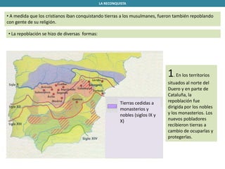 LA RECONQUISTA
• La repoblación se hizo de diversas formas:
1. En los territorios
situados al norte del
Duero y en parte de
Cataluña, la
repoblación fue
dirigida por los nobles
y los monasterios. Los
nuevos pobladores
recibieron tierras a
cambio de ocuparlas y
protegerlas.
Tierras cedidas a
monasterios y
nobles (siglos IX y
X)
• A medida que los cristianos iban conquistando tierras a los musulmanes, fueron también repoblando
con gente de su religión.
 