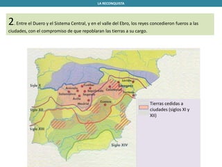 LA RECONQUISTA
2. Entre el Duero y el Sistema Central, y en el valle del Ebro, los reyes concedieron fueros a las
ciudades, con el compromiso de que repoblaran las tierras a su cargo.
Tierras cedidas a
ciudades (siglos XI y
XII)
 