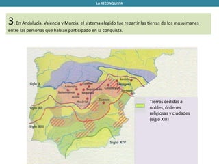 LA RECONQUISTA
3. En Andalucía, Valencia y Murcia, el sistema elegido fue repartir las tierras de los musulmanes
entre las personas que habían participado en la conquista.
Tierras cedidas a
nobles, órdenes
religiosas y ciudades
(siglo XIII)
 