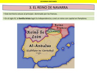 LOS REINOS CRISTIANOS
3. EL REINO DE NAVARRA
• Este territorio estuvo al principio dominado por los francos.
• En el siglo IX, la familia Arista logró la independencia y creó un reino con capital en Pamplona.
 