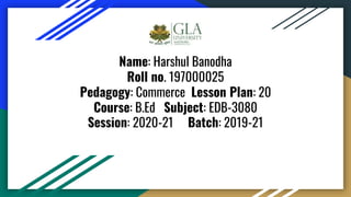 Name: Harshul Banodha
Roll no. 197000025
Pedagogy: Commerce Lesson Plan: 20
Course: B.Ed Subject: EDB-3080
Session: 2020-21 Batch: 2019-21
 