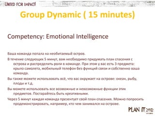 Group Dynamic ( 15 minutes)

Competency: Emotional Intelligence

Ваша команда попала на необитаемый остров.
В течение следующих 5 минут, вам необходимо придумать план спасения с
    острова и распределить роли в команде. При этом у вас есть 3 предмета:
    крыло самолета, мобильный телефон без функций связи и собственно ваша
    команда.
Вы также можете использовать всё, что вас окружает на острове: океан, рыбу,
    плоды и т.д.
Вы можете использовать все возможные и невозможные функции этих
    предметов. Постарайтесь быть креативными.
Через 5 минут каждая команда презентует свой план спасения. Можно попросить
    продемонстрировать, например, кто чем занимался на острове.
 