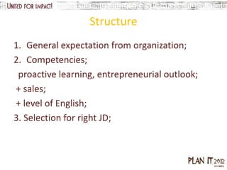 Structure
1. General expectation from organization;
2. Competencies;
 proactive learning, entrepreneurial outlook;
+ sales;
+ level of English;
3. Selection for right JD;
 