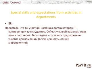Special skills and expectations from activities in
                      departments
• ER:
Представь, что ты участник команды организаторов IT -
  конференции для студентов. Сейчас у вашей команды идет
  поиск партнеров. Твоя задача - составить предложение
  участия для компании (в чем ценность, опиши
  мероприятие);
 