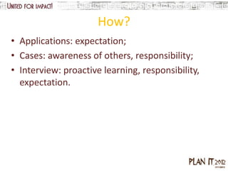 How?
• Applications: expectation;
• Cases: awareness of others, responsibility;
• Interview: proactive learning, responsibility,
  expectation.
 