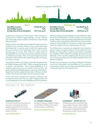 14
PROJECTS TO WATCH
properties are moving up to Class B space. “We’re coming to a
crucial point for Ottawa’s aging buildings,” he says. “Owners
will increasingly need to consider refurbishing or demolishing
office properties.”
While downtown real estate is dominated by the government, it’s
a different story in Kanata. Kanata, known as Canada’s other
technology hub, is a private sector market that is governed by
the ups and downs of the technology sector, which has been
showing signs of recovery. With access to a steady stream of
educated talent from several post-secondary institutions, Kanata
is a hotbed of innovation. There were several large transactions
in Kanata in 2014 and Hamilton expects the growth and recovery
to continue next year.
The industrial market, much of which is also tied to the government,
isn’t likely to change much in 2015. “We’re not seeing new demand
or growth,” says Hamilton. “There’s about 200,000 sq. ft. of
industrial space coming into the market in the short term, but
tenant movements will largely equate to a game of musical chairs.”
Despite this, Hamilton expects that face rates in Ottawa’s industrial
market will continue to be higher than the national average.
A new trend that’s changing the cityscape in Ottawa is the
emergence of full-service, “live, work, play” neighbourhoods. All-
in-one developments, such as the redevelopment of the Lansdowne
Park area and the proposed development at the old Domtar paper
mill site on the Ottawa River, will allow residents to do everything
locally. “Ottawa is starting to develop self-sustaining communities,
much like what has happened in cities like Toronto,” says Hamilton,
noting it’s a big change from the previous model where people
lived in the suburbs and commuted downtown for work.
Two infrastructure investments are expected to have long-term
positive impacts throughout Ottawa. The Confederation Line,
Ottawa’s new state-of-the-art rapid rail transit system, is scheduled
for completion in 2017 and will move people around the city more
efficiently. In the meantime, Highway 417, the city’s east-west
artery is being expanded to accommodate Rapid Bus Transit and
alleviate congestion.
Hamilton says we’re seeing a real change in Ottawa as it becomes
a new, more sustainable, more diversified city. “In moving from
a small city to a larger city, we’re leaving the old Ottawa behind.
It will be exciting to see what happens next.”
CONFEDERATION LRT
The first phase of this public transit project will increase
density with a mix of residential, office and retail
development around the LRT stations. The federal
government will likely lease up commercial space in close
proximity to LRT stations.
www.confederationline.ca
417 HIGHWAY EXPANSION
The Highway 417 expansion is scheduled for completion
in the fall of 2015 and will alleviate traffic congestion
and delays by adding in two additional lanes.
www.queenswayexpansioneast.com
GOVERNMENT – WORKPLACE 2.0
The federal government plans to rejuvenate their offices
using new guidelines that embrace modern and flexible
workplace strategies, a reduction in space per employee,
more sustainable and strategically located buildings,
along with greater accessibility and worker amenities.
www.tpsgc-pwgsc.gc.ca
Washington, D.C.
Total Office Inventory	 125,186,473 sq. ft.
Overall Office Vacancy	 11.3%
Average Class A Gross Asking Rent 	 $56.92 per sq. ft.
Ottawa
Total Office Inventory	 39,324,139 sq. ft.
Overall Office Vacancy	 9.0%
Average Class A Gross Asking Rent 	 $37.17 per sq. ft.
Capital Comparison (Q3 2014)
 
