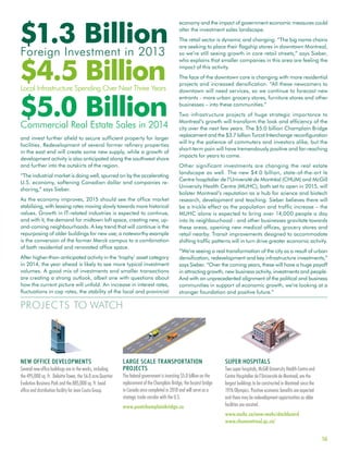 16
PROJECTS TO WATCH
and invest further afield to secure sufficient property for larger
facilities. Redevelopment of several former refinery properties
in the east end will create some new supply, while a growth of
development activity is also anticipated along the southwest shore
and further into the outskirts of the region.
“The industrial market is doing well, spurred on by the accelerating
U.S. economy, softening Canadian dollar and companies re-
shoring,” says Sieber.
As the economy improves, 2015 should see the office market
stabilizing, with leasing rates moving slowly towards more historical
values. Growth in IT-related industries is expected to continue,
and with it, the demand for midtown loft space, creating new, up-
and-coming neighbourhoods. A key trend that will continue is the
repurposing of older buildings for new use; a noteworthy example
is the conversion of the former Merck campus to a combination
of both residential and renovated office space.
After higher-than-anticipated activity in the ‘trophy’ asset category
in 2014, the year ahead is likely to see more typical investment
volumes. A good mix of investments and smaller transactions
are creating a strong outlook, albeit one with questions about
how the current picture will unfold. An increase in interest rates,
fluctuations in cap rates, the stability of the local and provincial
economy and the impact of government economic measures could
alter the investment sales landscape.
The retail sector is dynamic and changing. “The big name chains
are seeking to place their flagship stores in downtown Montreal,
so we’re still seeing growth in core retail streets,” says Sieber,
who explains that smaller companies in this area are feeling the
impact of this activity.
The face of the downtown core is changing with more residential
projects and increased densification. “All these newcomers to
downtown will need services, so we continue to forecast new
entrants - more urban grocery stores, furniture stores and other
businesses – into these communities.”
Two infrastructure projects of huge strategic importance to
Montreal’s growth will transform the look and efficiency of the
city over the next few years. The $5.0 billion Champlain Bridge
replacement and the $3.7 billion Turcot Interchange reconfiguration
will try the patience of commuters and investors alike, but the
short-term pain will have tremendously positive and far-reaching
impacts for years to come.
Other significant investments are changing the real estate
landscape as well. The new $4.0 billion, state-of-the-art le
Centre hospitalier de l’Université de Montréal (CHUM) and McGill
University Health Centre (MUHC), both set to open in 2015, will
bolster Montreal’s reputation as a hub for science and biotech
research, development and teaching. Sieber believes there will
be a trickle effect as the population and traffic increase – the
MUHC alone is expected to bring over 14,000 people a day
into its neighbourhood - and other businesses gravitate towards
these areas, opening new medical offices, grocery stores and
retail nearby. Transit improvements designed to accommodate
shifting traffic patterns will in turn drive greater economic activity.
“We’re seeing a real transformation of the city as a result of urban
densification, redevelopment and key infrastructure investments,”
says Sieber. “Over the coming years, these will have a huge payoff
in attracting growth, new business activity, investments and people.
And with an unprecedented alignment of the political and business
communities in support of economic growth, we’re looking at a
stronger foundation and positive future.”
NEW OFFICE DEVELOPMENTS
Several new office buildings are in the works, including
the 495,000 sq. ft. Deloitte Tower, the 56.0 acre Quartier
Evolution Business Park and the 885,000 sq. ft. head
office and distribution facility for Jean Coutu Group.
LARGE SCALE TRANSPORTATION
PROJECTS
The federal government is investing $5.0 billion on the
replacement of the Champlain Bridge, the busiest bridge
in Canada once completed in 2018 and will serve as a
strategic trade corridor with the U.S.
www.pontchamplainbridge.ca
SUPER HOSPITALS
Two super hospitals, McGill University Health Centre and
Centre Hospitalier de l’Université de Montreal, are the
largest buildings to be constructed in Montreal since the
1976 Olympics. Positive economic benefits are expected
and there may be redevelopment opportunities as older
facilities are vacated.
www.muhc.ca/new-muhc/dashboard
www.chumontreal.qc.ca/
$1.3 BillionForeign Investment in 2013
$4.5 BillionLocal Infrastructure Spending Over Next Three Years
$5.0 BillionCommercial Real Estate Sales in 2014
 