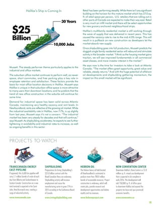 PROJECTS TO WATCH
18
PROJECTS TO WATCH
Mussett. The steady performer theme particularly applies to the
industrial and office markets.
The suburban office market continues to perform well, as newer
space, short commutes, and free parking play a key role in
employee retention and satisfaction. These factors provide the
basis for most office location decisions in Halifax. Mussett says
Halifax is unique in that suburban office space is more attractive
to many users than downtown locations, and he predicts that the
trend of new office construction in the suburbs will continue for
some time.
Demand for industrial space has been solid across Atlantic
Canada, maintaining very healthy vacancy and rent levels. In
Newfoundland, rents are reflective of the growing oil market. While
the industrial availability rate in Halifax, now 7.7%, is up slightly
from last year, Mussett says it’s not a concern. “The industrial
market has been very steady for decades and that will continue,”
says Mussett. As shipbuilding accelerates, he expects to see further
tightening in availability and industrial rates to increase, as well
as ongoing benefits in this sector.
Retail has been performing steadily. While there isn’t any significant
building on the horizon for this mature market which has 27.0 sq.
ft. of retail space per person, U.S. retailers that are rolling out in
other parts of Canada are expected to make their way east. Retail
is very much an infill market and there will be select opportunities
for new grocery anchored neighbourhood strips.
Halifax’s multifamily residential market is still working through
the wave of supply that was delivered in recent years. This has
caused the vacancy rate to rise to the mid-4.0% range. This will
result in a pullback on new construction as developers let the
market absorb new supply.
Once shipbuilding goes into full production, Mussett predicts the
sluggish single family residential sector will rebound and stimulate
activity in the broader market. “I think as the housing market gains
traction, we will see improved fundamentals in all commercial
asset classes, and more investor interest in the market.”
He says now is the time for investors to take a look at Atlantic
Canada. “The market offers great opportunity, great value and
reliable, steady returns.” And with the huge potential of offshore
oil developments and shipbuilding gathering momentum, the
impact on this small market will be significant.
TRANSCANADA ENERGY
EAST PIPELINE
If approved, this 4,600 km pipeline will
carry 1.1 million barrels of crude oil each
day from Alberta and Saskatchewan to
Eastern Canada. Construction on a new
tank terminal is expected in the Saint
John, New Brunswick area, creating a
surge of industrial activity.
www.transcanada.com
SHIPBUILDING
Preparations for Irving Shipbuilding’s
$25.0 billion contract with the
Royal Canadian Navy are underway.
Shipbuilding activity will increase
employment and cause the
manufacturing sector to grow 7.1% in
2015 according to the Conference Board
of Canada.
www.irvingshipbuilding.com
HEBRON OIL
The Hebron heavy oil field located
off Newfoundland is estimated to
produce more than 700.0 million
barrels of recoverable resources. Project
construction is underway, which will
create jobs, provide research and
development opportunities and bolster
royalty and tax revenues.
www.hebronproject.com
NEW CONVENTION CENTER
Downtown Halifax’s Nova Centre is a $1.0
million sq. ft. mixed-use development
that is expected to be complete in
early 2016. This development will
add 150,000 sq. ft. of office space
to downtown Halifax and expand the
property tax base and spur provincial
economic benefits.
www.novacentre.ca
Halifax’s Ship is Coming In
30 Years
10,000 Jobs
$25
Billion
 