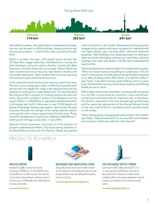 2
PROJECTS TO WATCH
International investors, who used to focus on residential real estate,
are now very focused on office buildings, shopping centres and
commercial property – a trend Taylor sees continuing through
2015.
Retail is another hot topic, with global luxury brands like
Christian Dior, Jaeger-LeCoultre, and Nordstroms moving into
both downtown and some select suburban markets like West
Vancouver. Formerly lined with tourist shops, Alberni Street has
been transformed into a mecca for high fashion retailers and
top-quality restaurants. Taylor predicts that consumer spending
will continue to grow and drive the economy.
In the industrial market, land scarcity remains a perennial issue.
The city’s scenic topography makes it difficult to assemble land
parcels that are needed for large-scale development and big
projects are rarely built on a speculative basis. The new Boundary
Bay Industrial Park is located on trucking routes to the east and
south, along with convenient access to the Deltaport and the
airport. Phase 1, a 440,000 sq. ft. speculative development which
is the largest ever built in Vancouver, is now 75.0% leased and
ahead of developer leasing assumptions. Demand for this type
of project illustrates the strength of the market and the need to
move quickly when unique opportunities like this arise. Phase
two of this development consists of an additional 430,000 sq. ft.
building and will begin construction in early 2015.
Because of land constraints, Vancouver is at the forefront of
property redevelopment efforts. The recent zoning relaxation in
the Mount Pleasant area near the Olympic Village has sparked
a flurry of activity in the market. Warehouses are being quickly
snapped up by investors and owner-occupiers for redevelopment
into higher density uses, including office, retail and residential
properties. “Each building is now closely examined in an attempt to
determine if that’s the highest and best use,” says Taylor. Industrial
buildings, strip malls, auto dealers – all offer great redevelopment
opportunities.
Transit has become an important factor for investors and occupiers.
“When an investor looks at a building on a yield basis, if it’s off-
transit in the suburbs, it will be discounted significantly compared
to an office building within 500 metres of a SkyTrain station,”
says Taylor. Suburban business parks battling vacancy issues
have revitalized their business by thinking creatively and offering
shuttle service to transit.
With bridges and tunnels essential to moving people and goods
in a city that is constrained by mountains, rivers and the sea,
infrastructure will always play an important role in Vancouver.
The SkyTrain expansion to the east towards high-growth areas
and the upcoming replacement of the George Massey Tunnel
on the main route to the U.S. are likely to have a positive impact
on the market.
“We’re always going to be geographically limited in this market,”
says Taylor. “Opportunities don’t arrive very often and investors
and occupiers need to pay attention when they do.”
PACIFIC CENTRE
Developed by Cadillac Fairview, Pacific Centre
encompasses 290,000 sq. ft. of Class AAA office space
and 565,000 sq. ft. of mixed-use space. Microsoft and
Sony Corporation have preleased a significant portion of
the office space in 725 Granville Street, while Nordstrom
is the main retail anchor.
www.pacificcentre.ca
BOUNDARY BAY INDUSTRIAL PARK
Strategically located minutes from the Delta Container
Port and Highway 99, this development meets the needs
of large distribution users who will benefit from greater
proximity to the port.
www.boundarybayindustrialpark.ca
THE EXCHANGE OFFICE TOWER
Credit Suisse’s $200.0 million venture into B.C. is a
31-storey speculative LEED Platinum office tower in
the financial district of Vancouver. It will be the last
completed building in the ongoing development cycle and
is poised to accommodate the next phase of economic
growth.
www.theexchangebuilding.ca
Doing More With Less
Vancouver
114 km2
Montreal
365 km2
Toronto
641 km2
 