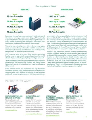 4
PROJECTS TO WATCH
Calgary
102.5 sq. ft. / capita
Kwong says there are huge amounts of capital – local, national and
international – chasing product to buy in Calgary. “I’m continually
surprised by the amount of global recognition we get for a city our
size. A number of years ago, the word got out that Calgary is an
international market that offers plenty of opportunities.”
The market has matured and now offers a diverse mix of supply
across all sectors. Kwong believes the available properties are
diverse enough to satisfy tenant demand and what‘s currently
being built will be absorbed quite comfortably.
With the energy sector at the heart of the economy, everyone’s
keeping an eye on approvals for proposed pipelines, which would
alleviate the current challenge of getting oil and gas to market.
“When people place that $100.0 million bet on buying a downtown
office building, they’re buying it for 50 years,” says Kwong. What’s
happening in energy will have a long-term impact on all aspects
of the market.
As the economy booms, low employment and high disposable
income are attracting luxury brands and proving to be a boon for
restaurant sales. A lack of labour still looms as the one factor that
could really hamper long-term growth. “We’re very optimistic on
growth but it will be tempered by the short-term reduction in oil
prices and the fact that we don’t have enough people to support
the economy,” says Kwong. The federal government’s reforms to
the Temporary Foreign Workers Program have already been felt
here. “Some hotel and retail development projects have halted and
other projects haven’t been able to proceed because they just can’t
find the people to do the work,” says Kwong. “It’s a remarkable
facet of an otherwise very positive and growth-focused story.”
Calgary’s ring road project, which is currently more than three
quarters completed, is expected to open access to new residential
and industrial areas, as well as transport routes. The city’sprime
location as a distribution hub has already attracted large-scale
players such as Walmart and Home Depot, but better road access
to the west, north and south will provide further opportunities.
“We’re seeing development already underway north of the airport,”
says Kwong. “There’s a 15-20-year supply of development there
that will definitely have a positive impact on the market.”
NORTHERN GATEWAY AND
KEYSTONE XL PIPELINE
Proposed pipeline projects could
provide Canadian energy producers with
access to overseas markets and more
competitive pricing, which would bolster
fundamentals across all asset classes.
www.gatewayfacts.ca
SOUTHWEST CALGARY
RING ROAD
Completion of the 16.0 km southwest
section of the ring road will create
a 100.0 km uninterrupted highway
connecting with Calgary’s major streets.
Drive times will be shortened and direct
links will be available to major industrial
centres and distribution facilities.
www.transportation.alberta.ca
INTERNATIONAL
TRANSBORDER CONCOURSE,
CALGARY AIRPORT
With Canada’s longest runway now
complete, the supporting terminal will
open Calgary to more overseas routes,
which will be a positive catalyst for
the retail, industrial and hotel sectors
and provide long-term stimulus for the
residential and office markets.
www.albertacanada.com
REVITALIZATION OF THE
EAST VILLAGE
This massive project will see 49.0 acres
of mostly vacant land turned into a
vibrant mixed-use community, which will
epitomize the “Live, Work, Play” model
that is being championed by cities across
Canada.
www.calgarymlc.ca
Punching Above Its Weight
Vancouver
19.0 sq. ft. / capita
Vancouver
77.7 sq. ft. / capita
Toronto
27.1 sq. ft. / capita
Toronto
134.1 sq. ft. / capita
Montreal
18.6 sq. ft. / capita
Montreal
77.5 sq. ft. / capita
OFFICE SPACE INDUSTRIAL SPACE
Calgary
20.0 sq. ft. / capita
 