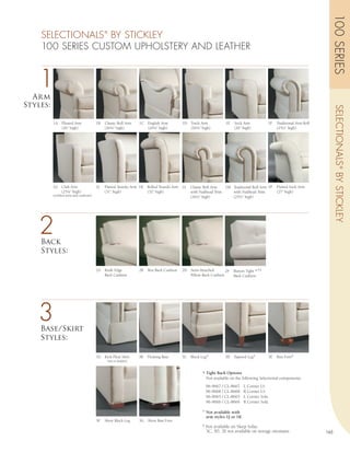 100 SERIES
    SELECTIONALS BY STICKLEY                  ®



    100 SERIES CUSTOM UPHOLSTERY AND LEATHER


    1
  Arm
Styles:




                                                                                                                                                                                  SELECTIONALS ® BY STICKLEY
          1A    Pleated Arm              1B   Classic Roll Arm       1C English Arm          1D Track Arm           1E   Sock Arm               1F   Traditional Arm Roll
                (26” high)                    (26½” high)               (26½” high)             (26¼” high)              (26” high)                  (25½” high)




          1G Club Arm                    1J   Flaired Tuxedo Arm 1K Rolled Tuxedo Arm 1L         Classic Roll Arm   1M Traditional Roll Arm 1P       Flaired Sock Arm
             (25¼” high)                      (31” high)            (32” high)                   with Nailhead Trim    with Nailhead Trim            (27” high)
          (weltless arms and cushions)                                                           (26½” high)           (25½” high)




    2
    Back
    Styles:

                                         2A   Knife Edge             2B   Box Back Cushion   2D Semi-Attached       2F   Button Tight *†‡
                                              Back Cushion                                      Pillow-Back Cushion      Back Cushion




   3Base/Skirt
    Styles:

                                         3A   Kick Pleat Skirt       3B   Floating Base      3C Block Leg‡          3D Tapered Leg‡             3E   Bun Foot‡
                                                  (n/a in leather)


                                                                                                       * Tight Back Options
                                                                                                         Not available on the following Selectional components:
                                                                                                         96-9667 / CL-8667      L Corner LS
                                                                                                         96-9668 / CL-8668      R Corner LS
                                                                                                         96-9665 / CL-8665      L Corner Sofa
                                                                                                         96-9666 / CL-8666      R Corner Sofa

                                                                                                       † Not available with
                                                                                                         arm styles 1J or 1K.
                                         3F   Short Block Leg        3G Short Bun Foot
                                                                                                       ‡ Not available on Sleep Sofas.
                                                                                                         3C, 3D, 3E not available on storage ottomans                       165
 