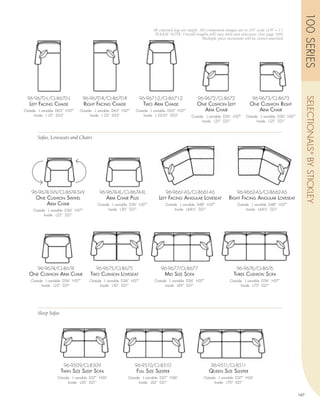 100 SERIES
                                                                         All exposed legs are maple. All component images are to 1/4” scale (1/4” = 1’)
                                                                          PLEASE NOTE: Overall lengths will vary with arm selection, (See page 169)
                                                                                                      Multiple piece sectionals will be center-matched




 96-9670-L/CL-8670-L              96-9670-R/CL-8670-R            96-9671-2/CL-8671-2               96-9672/CL-8672                  96-9673/CL-8673




                                                                                                                                                                     SELECTIONALS ® BY STICKLEY
   LEft fAcing chAisE               right fAcing chAisE              two Arm chAisE                onE cushion LEft                onE cushion right
Outside L variable D65” H37”   Outside L variable D65” H37”     Outside L variable D65” H37”         Arm chAir                        Arm chAir
      Inside L 25” D53”              Inside L 25” D53”               Inside L 23-25” D53”       Outside L variable D36” H37”    Outside L variable D36” H37”
                                                                                                      Inside L25” D21”                Inside L25” D21”



       Sofas, Loveseats and Chairs




    96-9674-SW/CL-8674-SW                  96-9674-XL/CL-8674-XL                96-9661-AS/CL-8661-AS                      96-9662-AS/CL-8662-AS
      onE cushion swivEL                       Arm chAir PLus               LEft fAcing AnguLAr LovEsEAt              right fAcing AnguLAr LovEsEAt
          Arm chAir                       Outside L variable D36” H37”          Outside L variable D48” H37”               Outside L variable D48” H37”
     Outside L variable D36” H37”               Inside L30” D21”                      Inside L44½” D21”                          Inside L44½” D21”
           Inside L22” D21”




       96-9674/CL-8674                   96-9675/CL-8675                      96-9677/CL-8677                              96-9676/CL-8676
  onE cushion Arm chAir                two cushion LovEsEAt                     mid sizE sofA                            thrEE cushion sofA
   Outside L variable D36” H37”       Outside L variable D36” H37”        Outside L variable D36” H37”                 Outside L variable D36” H37”
         Inside L22” D21”                   Inside L50” D21”                    Inside L69” D21”                             Inside L75” D21”




       Sleep Sofas




                      96-9509/CL-8509                          96-9510/CL-8510                             96-9511/CL-8511
                     twin sizE sLEEP sofA                       fuLL sizE sLEEPEr                         quEEn sizE sLEEPEr
                  Outside L variable D37” H36”             Outside L variable D37” H36”                Outside L variable D37” H36”
                        Inside L50” D21”                         Inside L62” D21”                            Inside L70” D21”


                                                                                                                                                               167
 