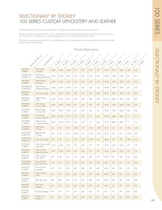 100 SERIES
SELECTIONALS BY STICKLEY                 ®



100 SERIES CUSTOM UPHOLSTERY AND LEATHER
All Selectionals 100 Series components are 36” deep. Seat height for all components is 22½”.

Please note that the length of most of the components will change depending on the arm style that you select.
The charts below will guide you in selecting the style and size that best fits your room.

All sizes are approximate and will vary slightly based on the thickness of fabric used and the human variables
of fine hand craftsmanship.


                                                                               o uTsidE d imEnsions




                                                                                                                                                                                     SELECTIONALS ® BY STICKLEY
                          #




                                             N
                       EL




                                         IO
                      D
                    O




                                      PT




                                                                                                                                                                RM
                                                                                                                      RM
                                                                           RM



                                                                                      RM
                                                      RM




                                                                                                                                           RM
                  M




                                                                RM




                                                                                                RM




                                                                                                                                                                          RM
                                                                                                           RM




                                                                                                                                                      RM
                                     RI




                                                                                                                                 RM
                                    C




                                                                                                                                                                A
                                                                                                                      A
               SE




                                                                           A



                                                                                      A
                                                     A




                                                                                                                                           A
                                                                A




                                                                                                A




                                                                                                                                                                          A
                                                                                                           A




                                                                                                                                                     A
                                                                                                                                A
                                ES




                                                                                                                                                           1M
                                                                                                                 1G
                                                                      1C
             BA




                                                                                 1D
                                                 1A




                                                                                                                                      1K
                                                           1B




                                                                                            1E




                                                                                                                                                                      1P
                                                                                                      1F




                                                                                                                                                 1L
                                                                                                                            1J
                              D




   96-9661/           Left Facing
                                              58½”       58½”       56½”       55”        59”       60”        55”        56¾”      57½”       58½”      60”        60”
   CL-8661            Loveseat
   96-9661-AS/        Left Facing
                                              65½”       65½”       63½”       62”        66”       67”        62”        63¾”      64½”       64½       67”        67”
   CL-8661-AS         Angular Loveseat
   96-9662/           Right Facing
                                              58½”       58½”       56½”       55”        59”       60”        55”        56¾”      57½”       58½”      60”        60”
   CL-8662            Loveseat
   96-9662-AS/        Right Facing
                                              65½”       65½”       63½”       62”        66”       67”        62”        63¾”      64½”       65½”      67”        67”
   CL-8662-AS         Angular Loveseat
   96-9663/
                      Left Facing Sofa        83½”       83½”       81½”       80”        84”       85”        80”        81¾”      82½”       83½”      85”        85”
   CL-8662
   96-9664/           Right Facing
                                              83½”       83½”       81½”       80”        84”       85”        80”        81¾”      82½”       83½”      85”        85”
   CL-8664            Sofa
  96-9665/            Left Facing
                                              94½”       94½”       92½”       91”        95”       96”        91”        92¾”      93½”       94½”      96”        96”
  CL-8665             Corner Sofa
  96-9666/            Right Facing
                                              94½”       94½”       92½”       91”        95”       96”        91”        92¾”      93½”       94½”      96”        96”
  CL-8666             Corner Sofa
  96-9667/            Left Facing
                                              69½”       69½”       67½”       66”        70”       71”        66”        67¾”      68½”       69½”      71”        71”
  CL-8667             Corner Loveseat
  96-9668/            Right Facing
                                              69½”       69½”       67½”       66”        70”       71”        66”        67¾”      68½”       69½”      71”        71”
  CL-8668             Corner Loveseat
  96-9670-L/          Left Facing
                                              33”        33”        31½”       30½”       33”       33½”       30½”       31¾”      33”        33”       33½”       35”
  CL-8670-L           Chaise
  96-9670-R/          Right Facing
                                              33”        33”        31½”       30½”       33”       33½”       30½”       31¾”      33”        33”       33½”       35”
  CL-8670-R           Chaise
  96-9671-2/
                      Two Arm Chaise          39”        39”        36”        34”        39”       39½”       34”        36¾”      39”        39”       39½”       43”
  CL-8671-2
  96-9672/            One Cushion Left
                                              33½”       33½”       31½”       30”        34”       35”        30”        31¾”      32½”       33½”      35”        35”
  CL-8672             Arm Chair
  96-9673/            One Cushion
                                              33½”       33½”       31½”       30”        34”       35”        30”        31¾”      32½”       33½”      35”        35”
  CL-8673             Right Arm Chair
  96-9674/            One Cushion
                                             39”         39”        35”        32”        40”       42”        32”        35¾”      37”        39”       42”        42”
  CL-8674             Arm Chair
  96-9674-XL/         One Cushion
                                             47”         47”        43”        40”        48”       50”        40”        43½”      45”        47”       50”        50”
  CL-8674-XL          Arm Chair Plus
  96-9675/            Two Cushion
                                             67”         67”        63”        60”        68”       70”        60”        63½”      65”        67”       70”        70”
  CL-8675             Loveseat
  96-9676/            Three Cushion
                                             92”         92”        88”        85”        93”       95”        85”        88½”      90”        92”       95”        95”
  CL-8676             Sofa
  96-9677/
                    Mid Size Sofa            86”         86”        82”        79”        87”       89”        79”        82½”      84”        86”       89”        88”
  CL-8677
  96-9509/          Twin Size
                                             67”         67”        63”        60”        68”       70”        60”        63½”      65”        67”       70”        70”
  CL-8509           Sleeper
  96-9510/
                    Full Size Sleeper        79”         79”        75”        72”        80”       82”        72”        7½”       77”        79”       82”        82”
  CL-8510
  96-9511/          Queen Size
                                             87”         87”        83”        80”        88”       90”        80”        83½”      85”        87”       90”    90”
  CL-8511           Sleeper
                                                                                                                                                                               169
 