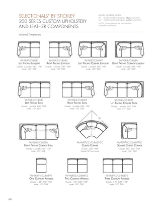 SELECTIONALS BY STICKLEY          ®                                                      MODEL NUMBER GUIDE:
                                                                                                 96- Model numbers designate fabric upholstery

        200 SERIES CUSTOM UPHOLSTERY
                                                                                                 CL- Model numbers designate leather upholstery
                                                                                                 NOTE: Throw pillows are not standard
        AND LEATHER COMPONENTS                                                                   on leather upholstery



        Sectional Components




         96-9681/CL-8681                  96-9682/CL-8682                      96-9687/CL-8687                         96-9688/CL-8688
        LEft fAcing LovEsEAt           right fAcing LovEsEAt             LEft fAcing cornEr LovEsEAt            right fAcing cornEr LovEsEAt
      Outside L variable D40” H38”   Outside L variable D40” H38”           Outside L variable D40” H38”           Outside L variable D40” H38”
            Inside L50” D24”               Inside L50” D24”                       Inside L46” D24”                       Inside L46” D24”




              96-9683/CL-8683                                96-9684/CL-8684                                      96-9685/CL-8685
               LEft fAcing sofA                              right fAcing sofA                                LEft fAcing cornEr sofA
           Outside L variable D40” H38”                   Outside L variable D40” H38”                        Outside L variable D40” H38”
                 Inside L75” D24”                               Inside L75” D24”                                    Inside L71” D24”
                                                                                                58
                                                                                                   ”




                                                                                         69½”




                   96-9686/CL-8686                                     96-9697-CC/CL-8697-CC                         96-9697-SC/CL-8697-SC
              right fAcing cornEr sofA                                       curvEd cornEr                           squArE curvEd cornEr
                Outside L variable D40” H38”                                Outside D40” H38”                          Outside L40” D40” H38”
                      Inside L71” D24”                                     Extends 58” from corner                         Inside: L24” D24”




                    96-9689-1/CL-8689-1                   96-9689-2/CL-8689-2                           96-9689-3/CL-8689-3
                   onE cushion ArmLEss                    two cushion ArmLEss                          thrEE cushion ArmLEss
                    Outside L 25” D40” H38”                Outside L 50” D40” H38”                       Outside L 75” D40” H38”
                         Inside L25” D24”                       Inside L50” D24”                              Inside L75” D24”




180
 