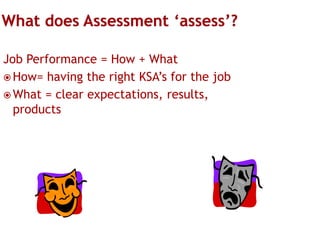 Job Performance = How + What
 How= having the right KSA’s for the job
 What = clear expectations, results,
products

 