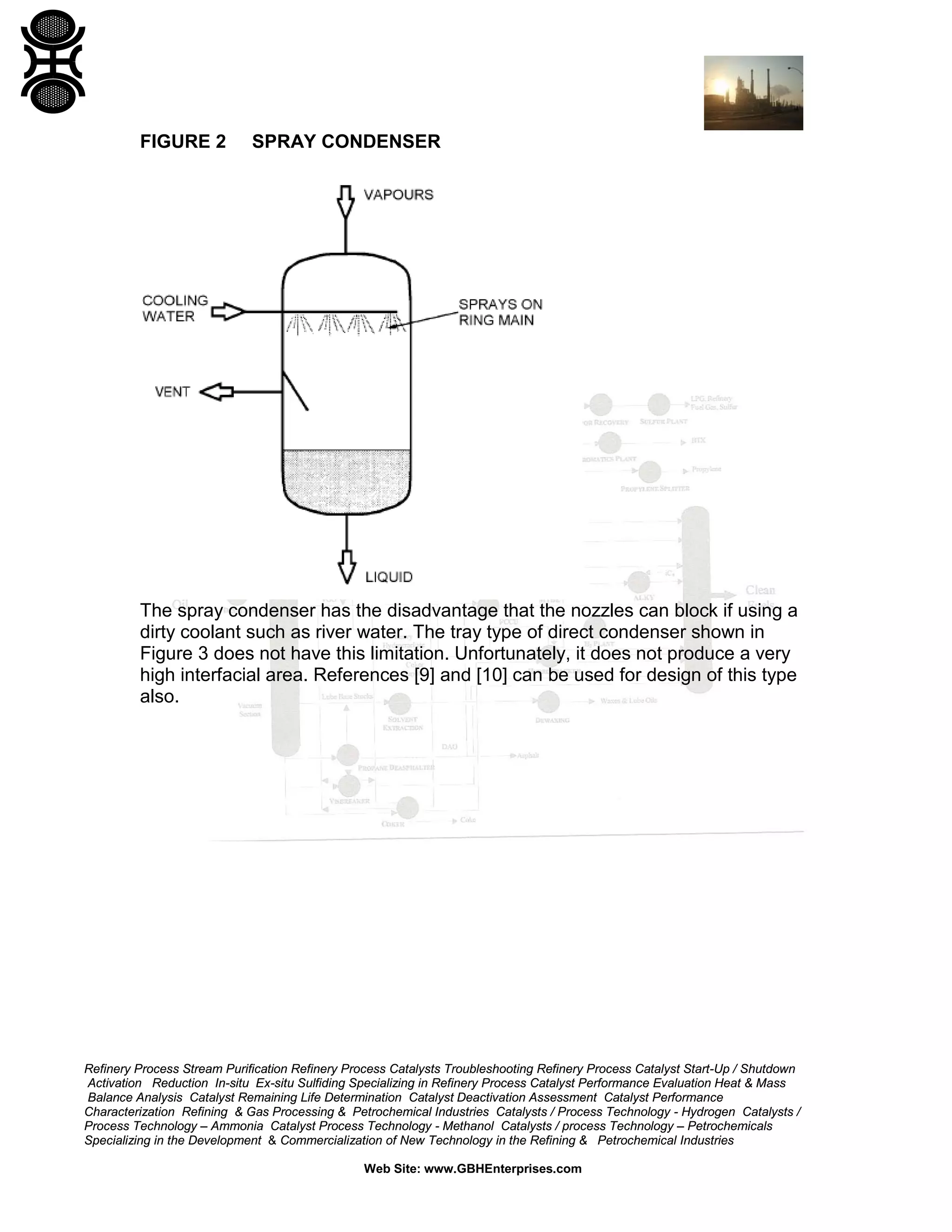 FIGURE 2

SPRAY CONDENSER

The spray condenser has the disadvantage that the nozzles can block if using a
dirty coolant such as river water. The tray type of direct condenser shown in
Figure 3 does not have this limitation. Unfortunately, it does not produce a very
high interfacial area. References [9] and [10] can be used for design of this type
also.

Refinery Process Stream Purification Refinery Process Catalysts Troubleshooting Refinery Process Catalyst Start-Up / Shutdown
Activation Reduction In-situ Ex-situ Sulfiding Specializing in Refinery Process Catalyst Performance Evaluation Heat & Mass
Balance Analysis Catalyst Remaining Life Determination Catalyst Deactivation Assessment Catalyst Performance
Characterization Refining & Gas Processing & Petrochemical Industries Catalysts / Process Technology - Hydrogen Catalysts /
Process Technology – Ammonia Catalyst Process Technology - Methanol Catalysts / process Technology – Petrochemicals
Specializing in the Development & Commercialization of New Technology in the Refining & Petrochemical Industries
Web Site: www.GBHEnterprises.com

 