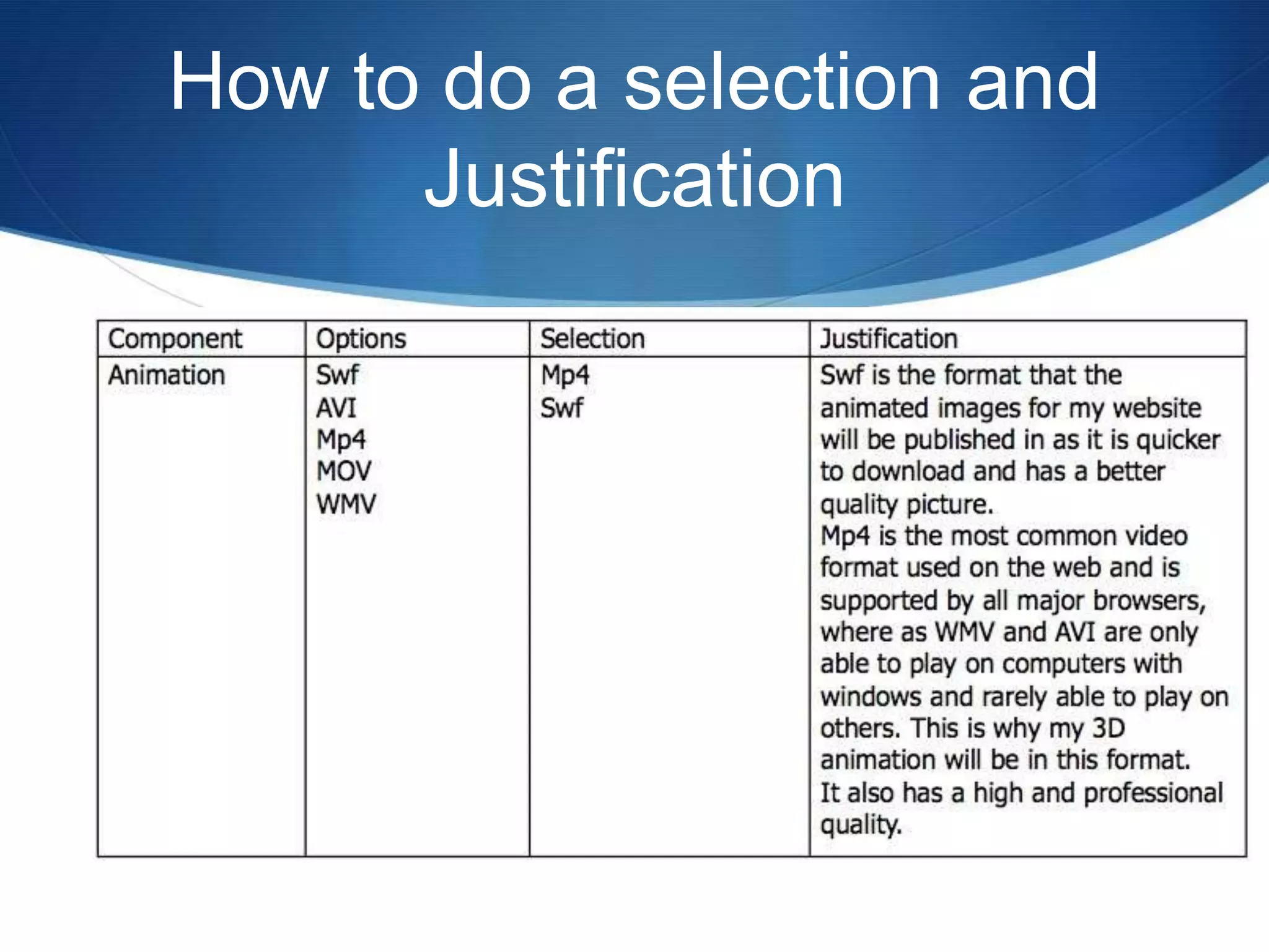 How to do a selection and
      Justification
 