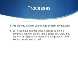 Processes


Are the way in which you work to perform any function.

Eg, if you have an image that needs to be on the
computer, you can scan it, take a photo of it, draw it by
hand, or using graphics tablet, use a digital pen....how
will you decide what to do?
 