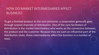 HOW DO MARKET INTERMEDIARIES AFFECT
BUSINESS?
To get a finished product to the end consumer, a corporation generally goes
through several channels of distribution. One of the core facilitators of
distribution is the market intermediary who works as the connection between
the product and the customer. Because they are such an influential part of the
distribution chain, these intermediaries affect the business in a number of
ways.
 