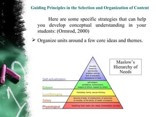 Guiding Principles in the Selection and Organization of Content

        Here are some specific strategies that can help
   you develop conceptual understanding in your
   students: (Ormrod, 2000)
 Organize units around a few core ideas and themes.



                                             Maslow’s
                                            Hierarchy of
                                               Needs
 