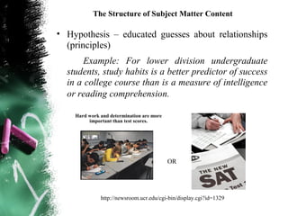 The Structure of Subject Matter Content

• Hypothesis – educated guesses about relationships
  (principles)
      Example: For lower division undergraduate
  students, study habits is a better predictor of success
  in a college course than is a measure of intelligence
  or reading comprehension.

    Hard work and determination are more
         important than test scores.




                                           OR




              http://newsroom.ucr.edu/cgi-bin/display.cgi?id=1329
 