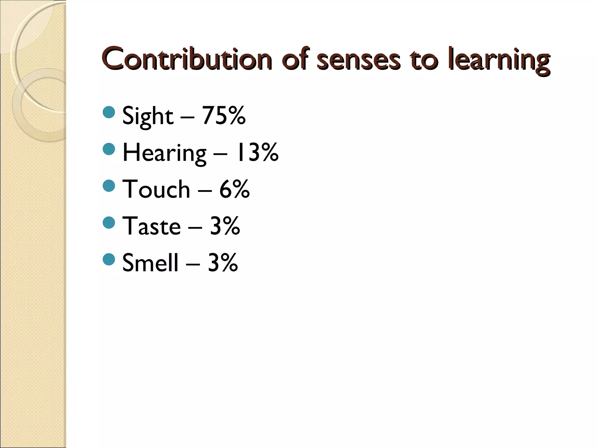 Contribution of senses to learningContribution of senses to learning
Sight – 75%
Hearing – 13%
Touch – 6%
Taste – 3%
Smell – 3%
 