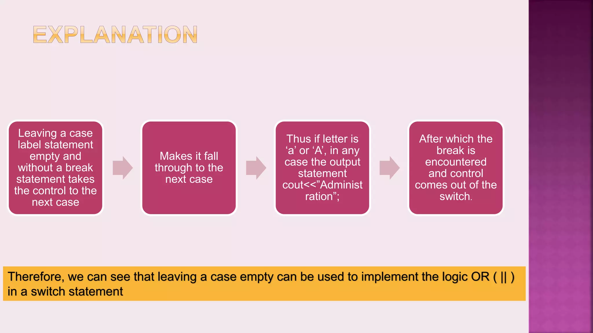 Leaving a case label statement empty and without a break statement takes the control to the next case Makes it fall through to the next case Thus if letter is ‘a’ or ‘A’, in any case the output statement cout<<”Administ ration”; After which the break is encountered and control comes out of the switch. Therefore, we can see that leaving a case empty can be used to implement the logic OR ( || ) in a switch statement 