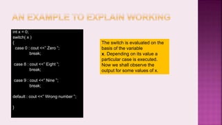 int x = 0;
switch( x )
{
case 0 : cout <<” Zero ”;
break;
case 8 : cout <<” Eight ”;
break;
case 9 : cout <<” Nine ”;
break;
default : cout <<” Wrong number ”;
}
The switch is evaluated on the
basis of the variable
x. Depending on its value a
particular case is executed.
Now we shall observe the
output for some values of x.
 