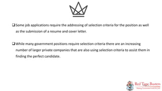 2
P A G E
Some job applications require the addressing of selection criteria for the position as well
as the submission o...