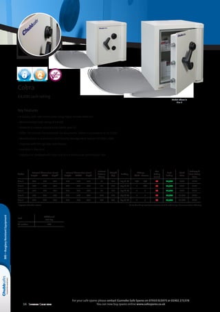 16 Selection Guide 2014
For your safe spares please contact Gunnebo Safe Spares on 07919 015975 or 01902 271378
You can now buy spares online www.safespares.co.uk
Key Features
• A quality cash safe constructed using highly reliable materials
• Recommended cash rating of £4,000
• Tested to European standard EN 14450, level S2
• Offers 30 minutes fire protection for documents. Tested in accordance to JIS S1037
• Manufactured in accordance with Quality Management System ISO 9001:2008
• Supplied with fittings (see table below)
• Available in five sizes
• Supplied as standard with a key lock and a mechanical combination lock
Cobra
£4,000 cash rating
Model above is
Size 2
Model
External dimensions (mm)
	Height	 Width	 Depth*
Internal dimensions (mm)
	Height	 Width	 Depth
Internal
Volume
(litres)
Weight
(kg)
Locking
Fittings
	 Shelf	 Drawer
Fire
Rating
(mins)
Cash
Rating
Retail
Price
Delivery 
Base Fixing
Price
Size 1 	 400	 500	 475 	270	 370	 320 32 185 Key  KC 	N/A	 N/A 30 £4,000 £640 £179
Size 2 	 600	 500	 475 	470	 370	 320 56 225 Key  KC 	1	 N/A 30 £4,000 £765 £198
Size 3 	750	 500	 475 	620	 370	 320 73 265 Key  KC 	1	 1 30 £4,000 £883 £216
Size 4 	 750	 630	 575 	 620	 500	 420 130 373 Key  KC 	1	 1 30 £4,000 £1,143 £258
Size 5 	 980	 630	 575 	850	 500	 420 179 467 Key  KC 	1	 1 30 £4,000 £1,344 £288
* Projection of handle is 63mm NB. For base fixing installations customer could be asked to sign a disclaimer at time of delivery
Lock
Additional
Cut Key
All models £49
BRE–BurglaryResistantEquipment
EN 14450
S2
JIS S1037
30 minutes
 