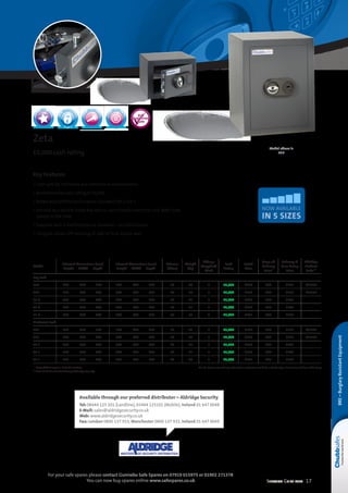 Selection Guide 2014 17
For your safe spares please contact Gunnebo Safe Spares on 07919 015975 or 01902 271378
You can now buy spares online www.safespares.co.uk
BRE–BurglaryResistantEquipment
Available through our preferred distributor – Aldridge Security
Tel: 08444 125 101 (Landline), 03444 125101 (Mobile), Ireland 01 647 0048
E-Mail: sales@aldridgesecurity.co.uk
Web: www.aldridgesecurity.co.uk
Fax: London 0800 137 933, Manchester 0800 137 932, Ireland 01 647 0049
Key Features
• Cash safe for the home and commercial environments
• Recommended cash rating of £6,000
• Tested and certified to European Standard EN 1143-1
• Secured by a double bitted key lock or user-friendly electronic lock. Both locks
comply to EN 1300
• Supplied with a shelf/shelves as standard – see table below
• Fixing kit allows DIY securing of safe to floor and/or wall
Zeta
£6,000 cash rating
Model
External dimensions (mm)
	 Height Width Depth
Internal dimensions (mm)
Height Width Depth
Volume
(litres)
Weight
(kg)
Fittings
(Supplied)
Shelf
Cash
Rating
Retail
Price
Drop off
Delivery
Price*
Delivery 
Base Fixing
Price
Aldridge
Product
Code**
Key Lock
15K 	280	 370	 350 	190	 280	 250 13 40 1 £6,000 £424 £60 £115 L21756
25K 	330	 450	 400 	240	 360	 300 26 54 1 £6,000 £523 £60 £139 L21757
35 K 	450	 450	 400 	360	 360	 300 39 67 1 £6,000 £608 £60 £141 –
45 K 	570	 450	 400 	480	 360	 300 52 81 1 £6,000 £681 £60 £148 –
55 K 	690	 450	 400 	600	 360	 300 65 94 2 £6,000 £767 £60 £152 –
Electronic Lock
15E 	280	 370	 350 	190	 280	 250 13 40 1 £6,000 £598 £60 £115 L21758
25E 	330	 450	 400 	240	 360	 300 26 54 1 £6,000 £696 £60 £139 L21759
35 E 	450	 450	 400 	360	 360	 300 39 67 1 £6,000 £784 £60 £141 –
45 E 	570	 450	 400 	480	 360	 300 52 81 1 £6,000 £856 £60 £148 –
55 E 	690	 450	 400 	600	 360	 300 65 94 2 £6,000 £942 £60 £152 –
* Drop off delivery to a kerbside location NB. For base or rear fixing installations customer could be asked to sign a disclaimer at time of delivery
** Sizes 15  25 available through Aldridge Security
Model above is
45K
EN 1143-1
Grade 0
EN 1300EN 1300NEW
NOW AVAILABLE
IN 5 SIZES
 