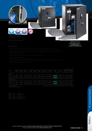 Selection Guide 2014 19
For your safe spares please contact Gunnebo Safe Spares on 07919 015975 or 01902 271378
You can now buy spares online www.safespares.co.uk
BRE–BurglaryResistantEquipment
Key Features
• Grade I burglary protection certified by ECB•S in accordance with the European standard, EN 1143-1
• Fitted with either a Class A key lock or a Class B high-security electronic lock, approved in accordance with
European standard EN 1300
• Safes equipped with an electronic lock also have an LED light inside
• Ergonomic, soft-touch handle
• Interior ladder racking system for flexible positioning of multiple shelves. One shelf is supplied as standard
• Thinner walls for increased internal capacity
Cobra Pro
£10,000 cash rating
Model
External dimensions (mm)
	Height	 Width	 Depth*
Internal dimensions (mm)
	Height	 Width	 Depth
Volume
(litres)
Weight
(kg)
Cash
Rating
Retail
Price
Drop off
Delivery
Price**
Delivery 
Base Fixing
Price
Key Lock
Size 2K 	650	 500	 510 	 570	 420	 370 88 214 £10,000 £898 £60 £190
Size 3K 	800	 600	 550 	 720	 520	 410 153 294 £10,000 £1,028 £60 £207
Electronic Lock
Size 2E 	650	 500	 510 	 570	 420	 370 88 214 £10,000 £1,139 £60 £190
Size 3E 	800	 600	 550 	 720	 520	 410 153 294 £10,000 £1,272 £60 £207
* Handle projection 56mm NB. For base fixing installations customer could be asked to sign a disclaimer at time of delivery
** Drop off delivery to a kerbside location
EN 1143-1
Grade I
EN 1300 EN 1300
Fitting Shelf
Size 2 £23
Size 3 £31
Model above is Size 3K
View the product videos on
our YouTube channel
www.youtube.com/chubbsafes
 