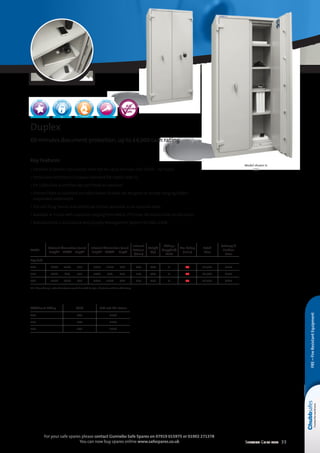 Selection Guide 2014 33
For your safe spares please contact Gunnebo Safe Spares on 07919 015975 or 01902 271378
You can now buy spares online www.safespares.co.uk
FRE–FireResistantEquipment
Model shown is
550
Additional Fitting Shelf Pull-out File Frame
450 £65 £199
550 £54 £178
775 £65 £199
Key Features
• Certified to protect documents from fire for up to one hour (EN 15659 – 60 Paper)
• Tested and certified to European standard EN 14450, level S2
• EN 1300 Class A certified key lock fitted as standard
• Shelves fitted as standard see table below. Shelves are designed to accept hanging folders
suspended underneath
• Pull out filing frames and additional shelves available as an optional extra
• Available in 3 sizes with capacities ranging from 446 to 773 litres. All models have double doors
• Manufactured in accordance with Quality Management System ISO 9001:2008
Model
External dimensions (mm)
	Height1
	Width	Depth1
Internal dimensions (mm)
	Height2
	Width2
	Depth
Internal
Volume
(litres)
Weight
(kg)
Fittings
(Supplied)
Shelf
Fire Rating
(mins)
Retail
Price
Delivery 
Position
Price
Key Lock
450 	1200	 1250	 585 	1030	 1110	 390 446 440 2 60 £2,572 £177
550 	1950	 940	 585 	1760	 800	 390 550 460 4 60 £2,796 £191
775 	1950	 1250	 585 	1785	 1110	 390 773 650 4 60 £3,737 £225
NB. If base fixing is ordered customer could be asked to sign a disclaimer at time of delivery
EN 15659
60 minutes
EN 1300EN 14450
S2
NEW
Duplex
60 minutes document protection, up to £4,000 cash rating
 